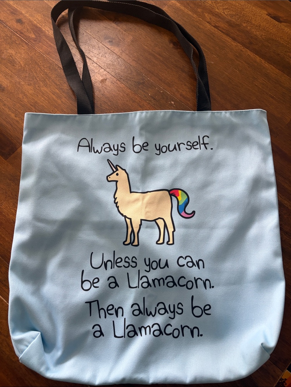 Light Blue Llamacorn Tote Bag with Rainbow Tail